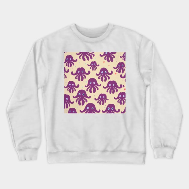 A fun vividly colored pattern of cute pink octopi and hearts swimming around the ocean  in a cartoonish minimalist style inspired by credit scenes anime movie and television series.  Thank you for supporting an indie artist! Crewneck Sweatshirt by JensenArtCo